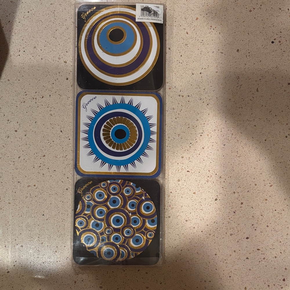 Set of 6 Decorative Tile Coasters in Blue, Gold, White